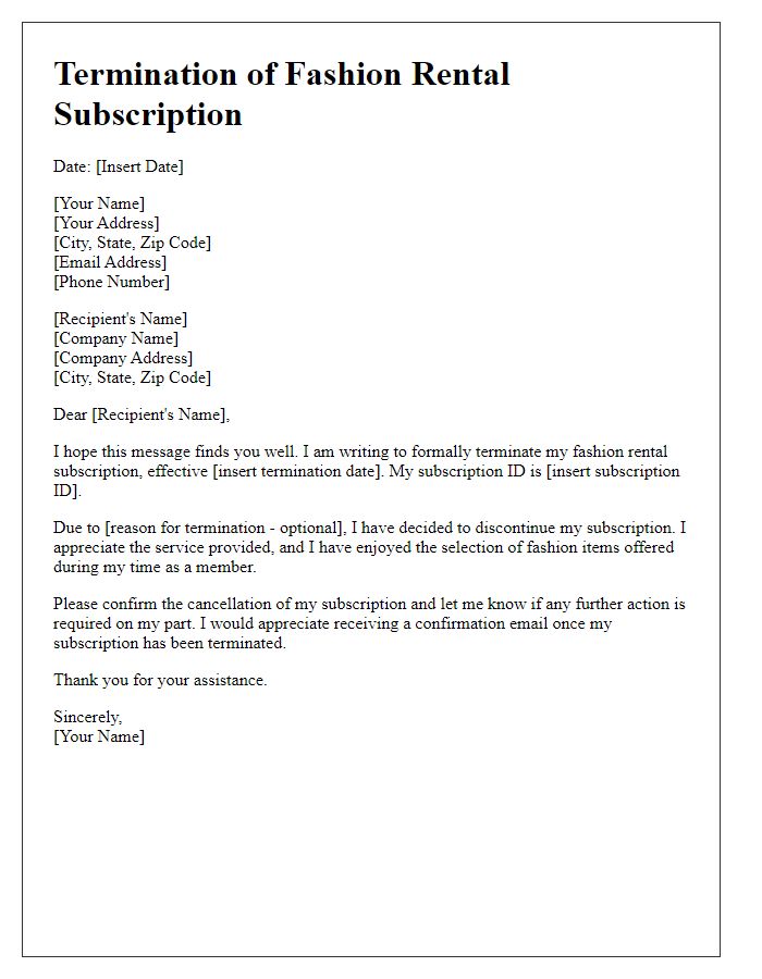 Letter template of fashion rental subscription termination