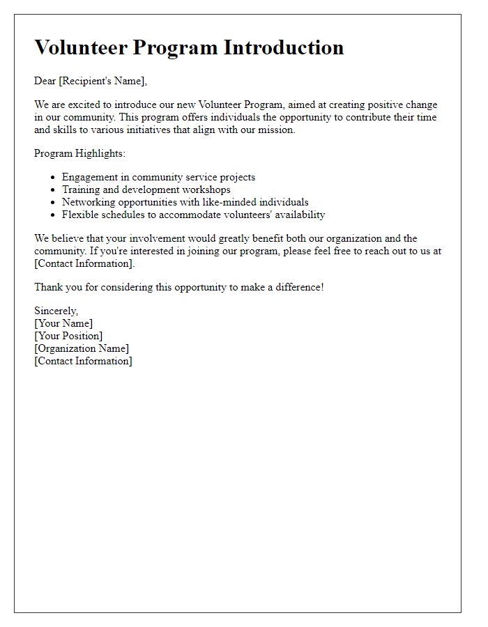 Letter template of information regarding volunteer program introduction