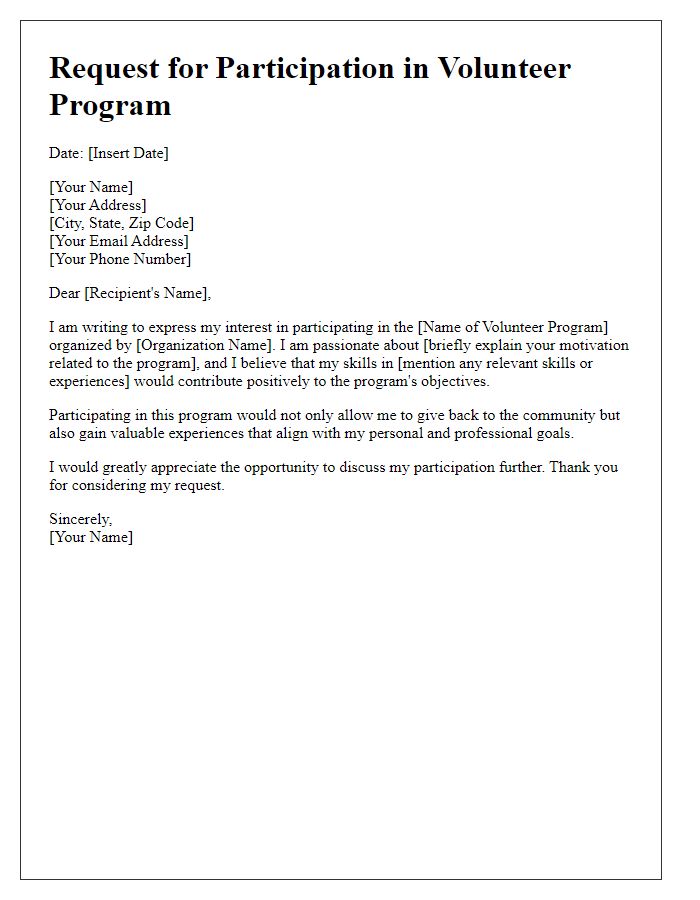 Letter template of request for participation in volunteer program introduction