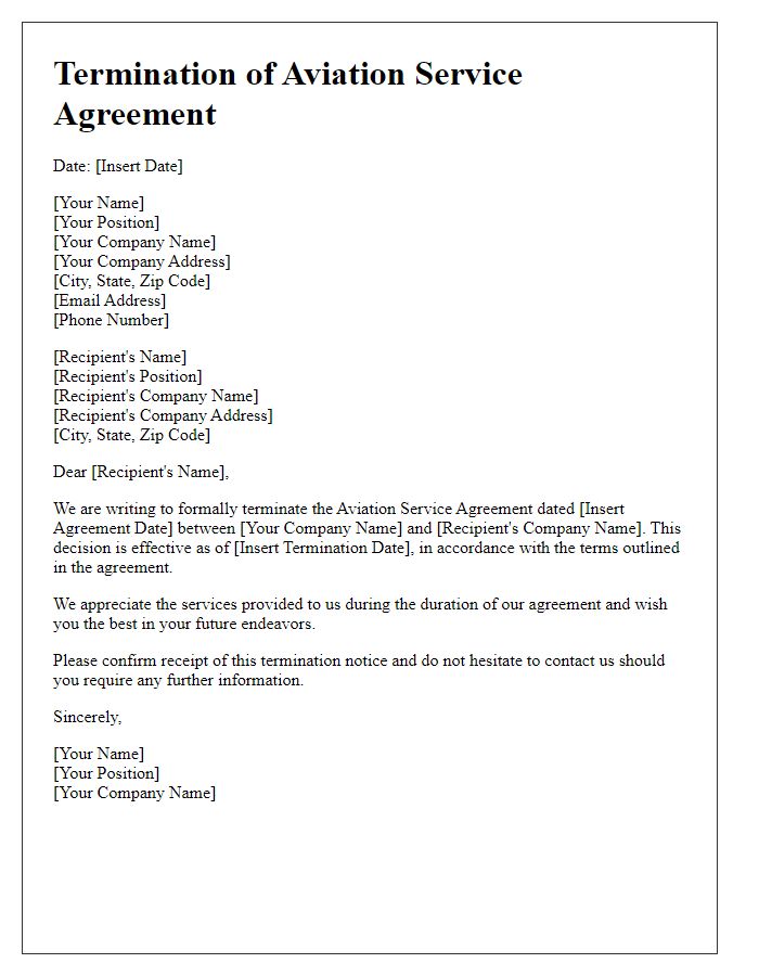 Letter template of aviation service agreement termination