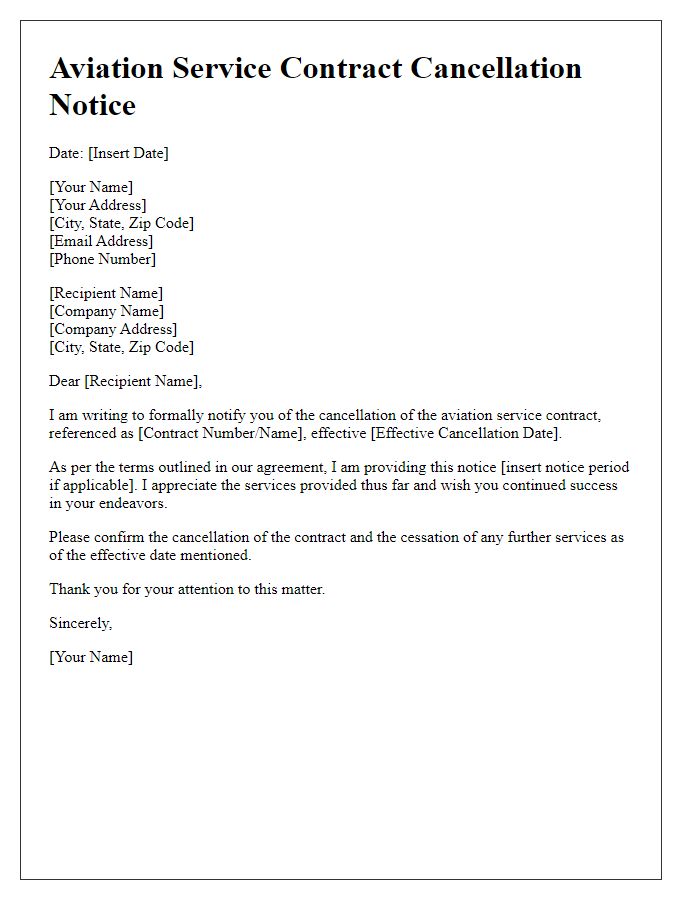 Letter template of aviation service contract cancellation notice