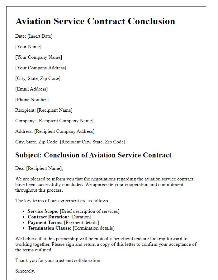 Letter template of aviation service contract conclusion