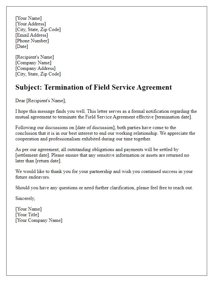 Letter template of field service termination as per mutual agreement