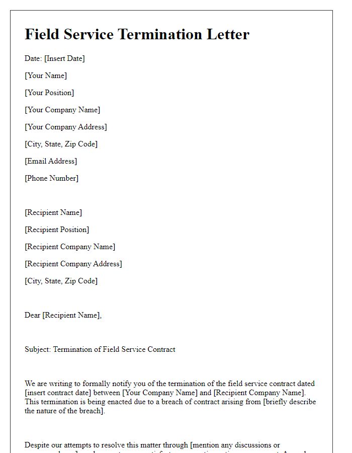 Letter template of field service termination for contractual breach