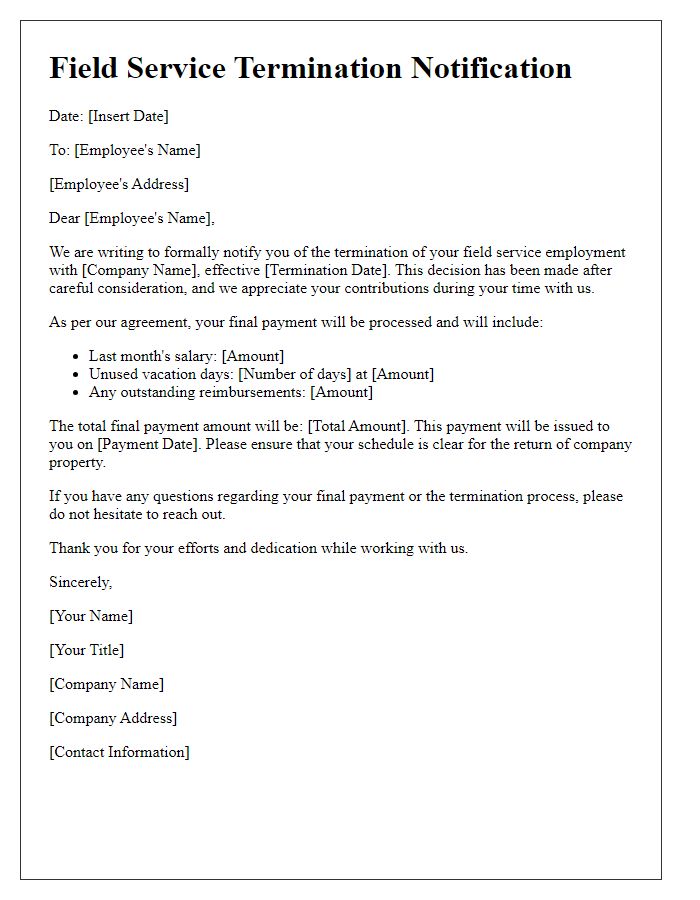 Letter template of field service termination with final payment details