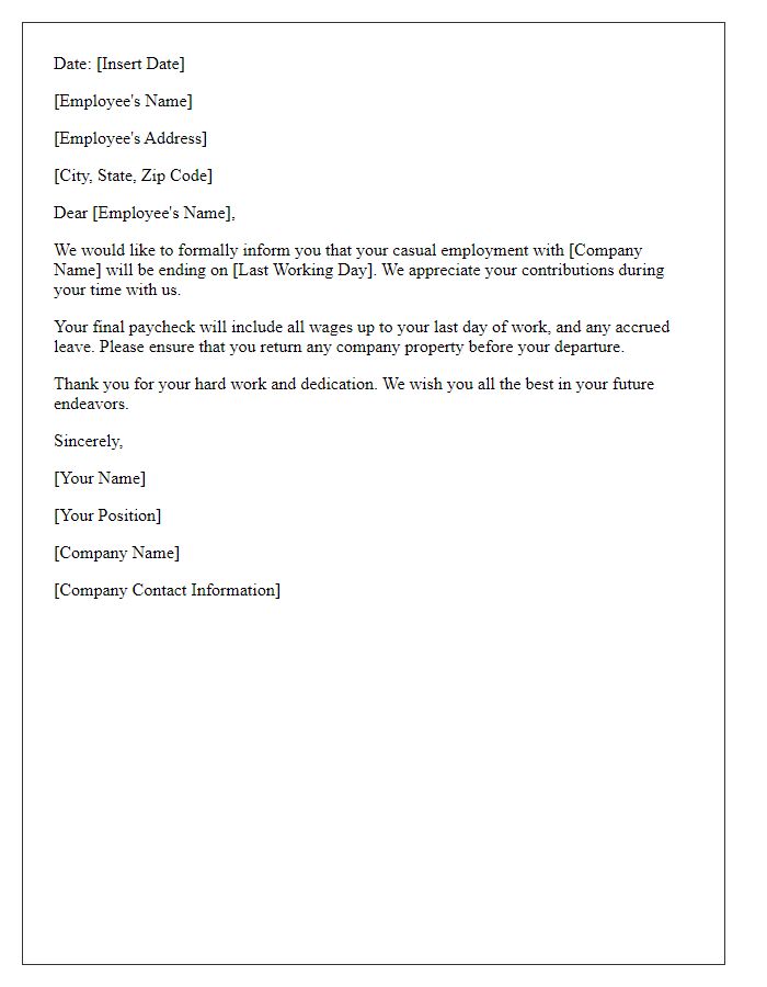 Letter template of casual employment end letter.