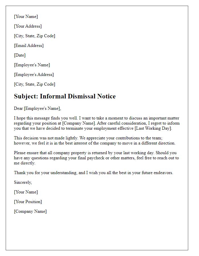 Letter template of informal labor dismissal letter.