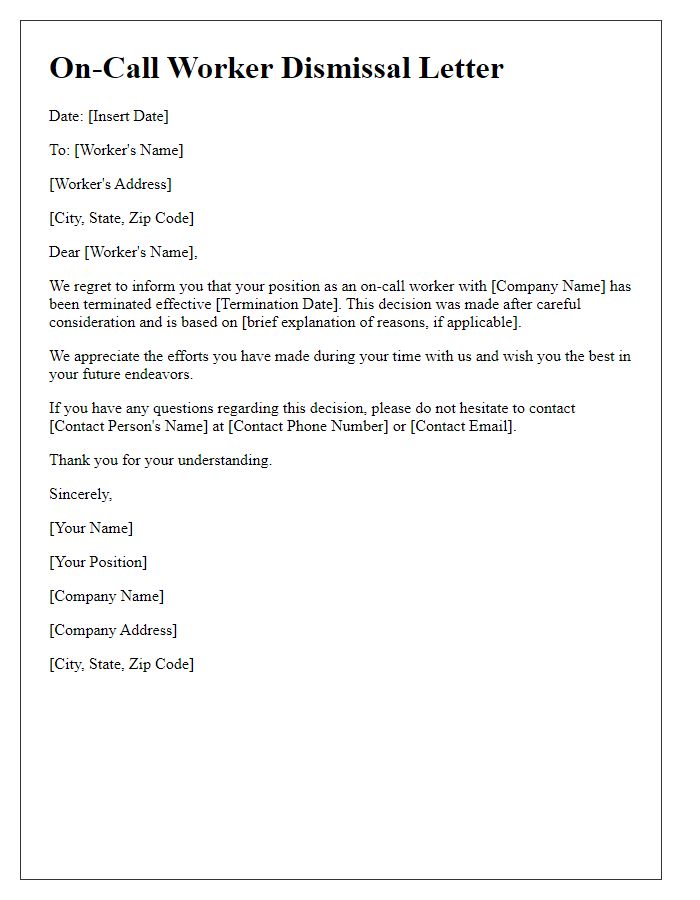 Letter template of on-call worker dismissal letter.