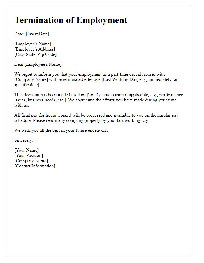 Letter template of part-time casual labor termination communication.