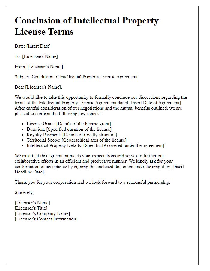 Letter template of Conclusion of Intellectual Property License Terms