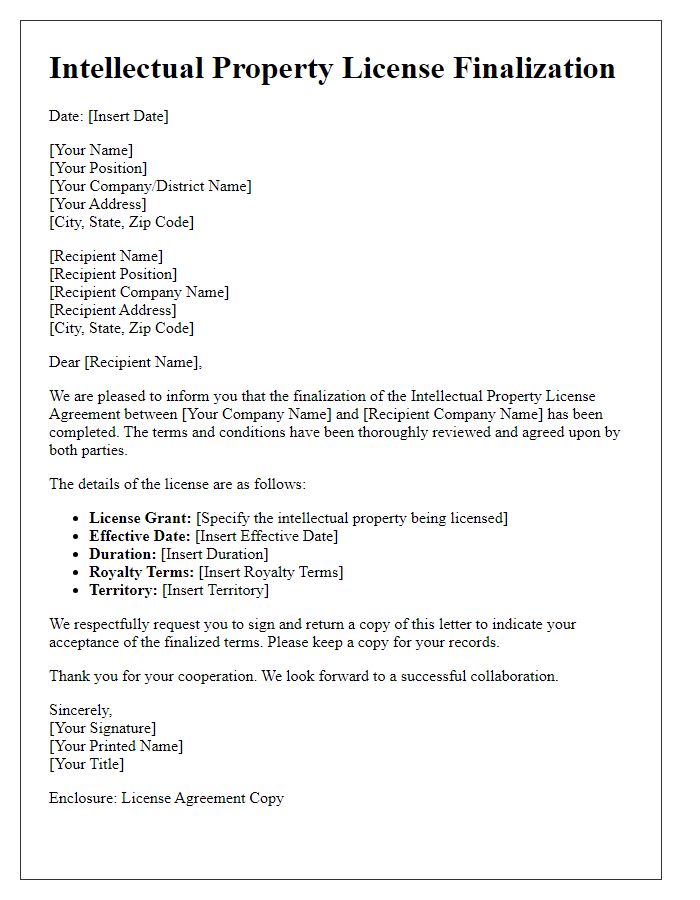 Letter template of Finalization of Intellectual Property License