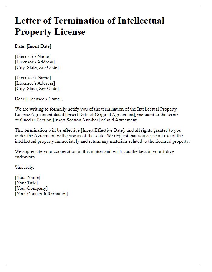 Letter template of Formal End to Intellectual Property License