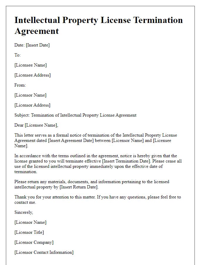 Letter template of Intellectual Property License Termination Agreement