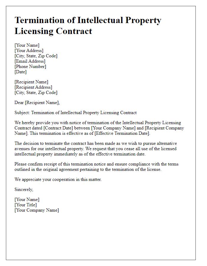 Letter template of Termination of Intellectual Property Licensing Contract