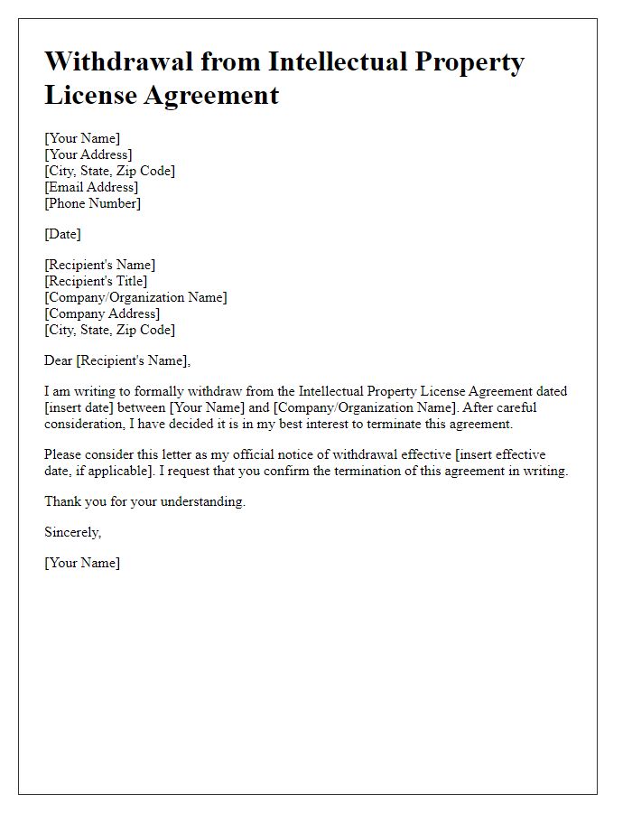 Letter template of Withdrawal from Intellectual Property License Agreement