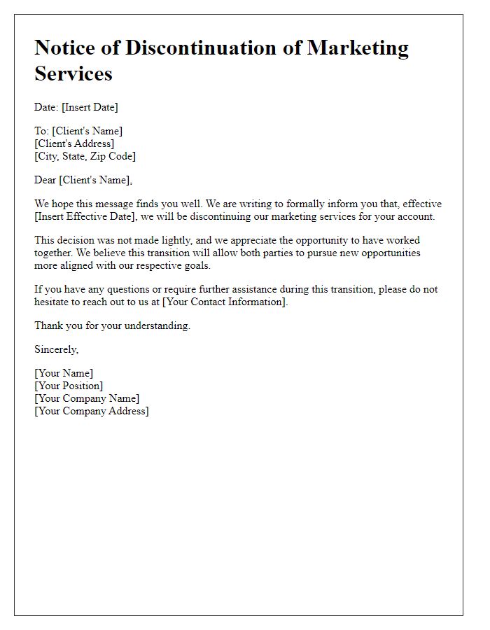 Letter template of discontinuation of marketing services