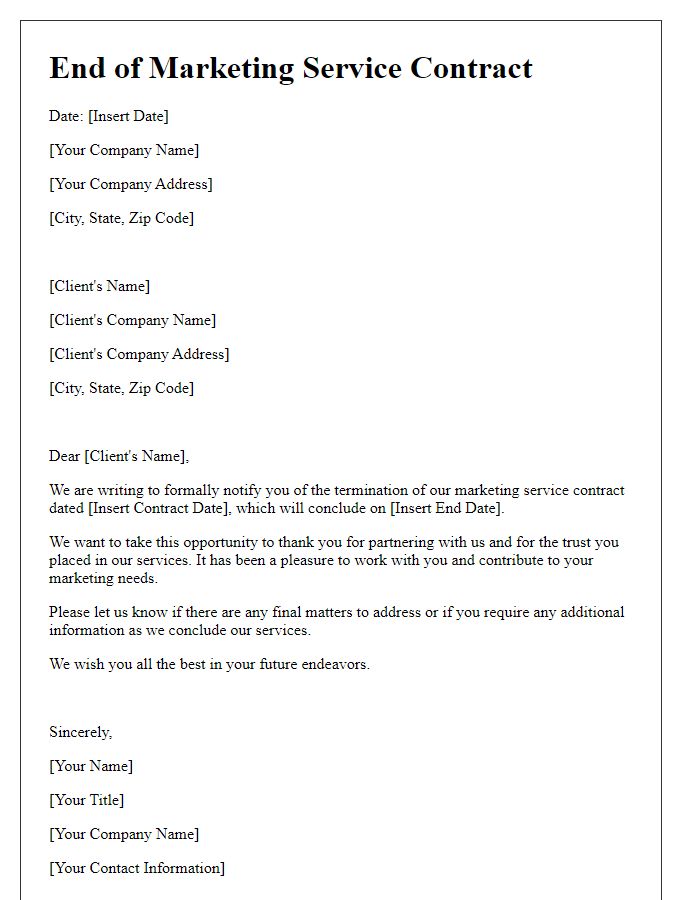 Letter template of end of marketing service contract