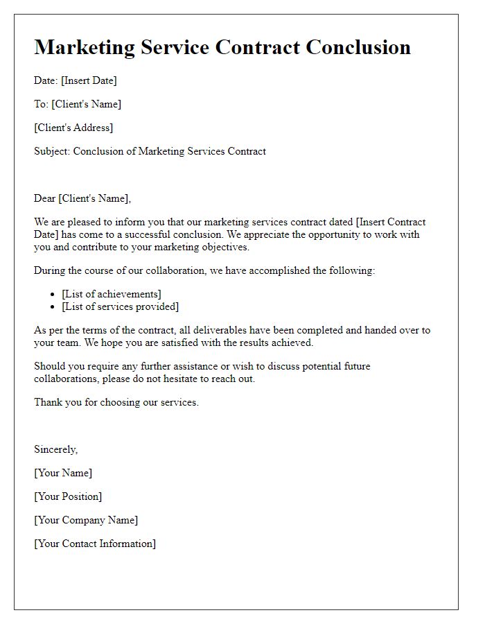 Letter template of marketing service contract conclusion