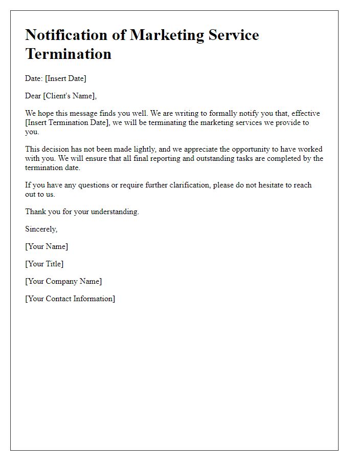 Letter template of notification for marketing service termination