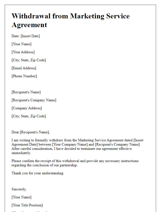 Letter template of withdrawal from marketing service agreement