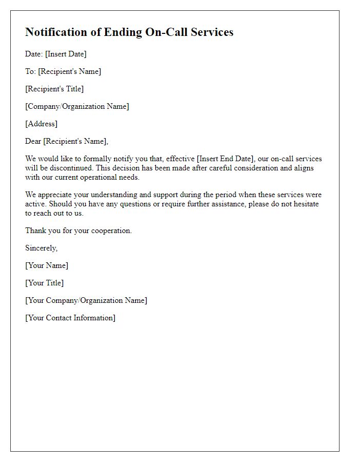 Letter template of notification for ending on-call services