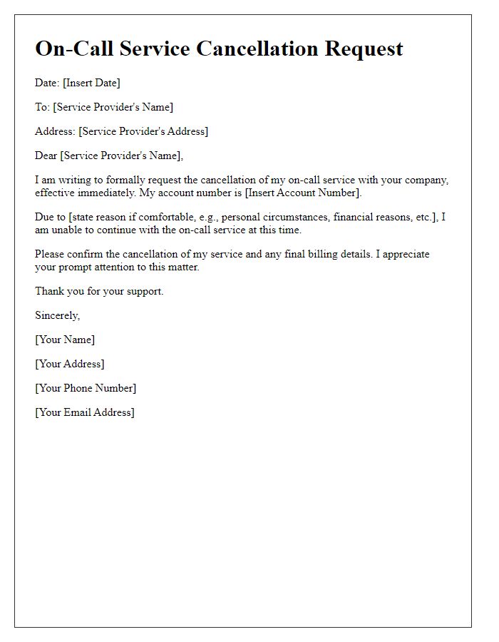 Letter template of on-call service cancellation request