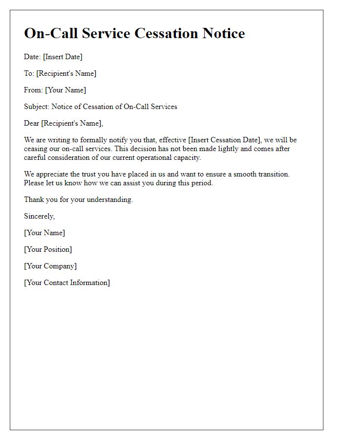 Letter template of on-call service cessation notice