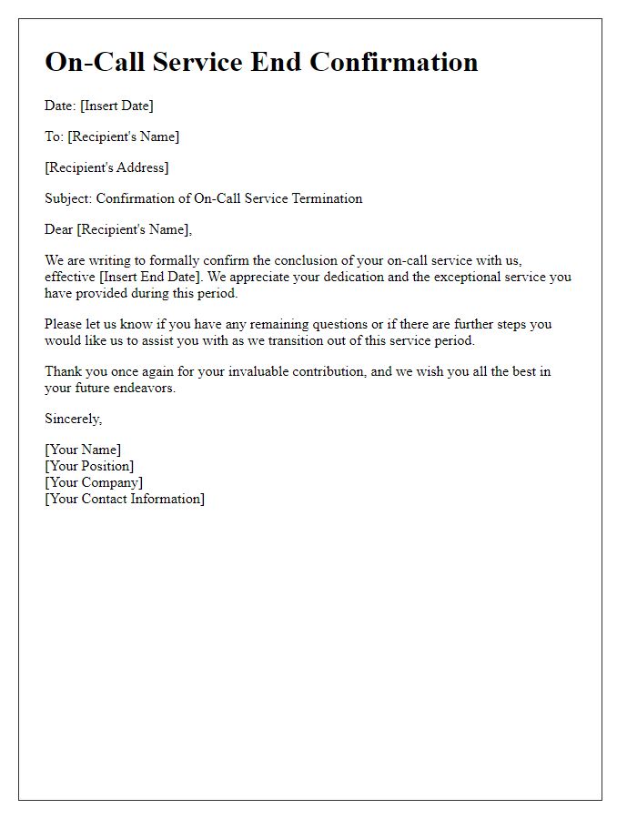 Letter template of on-call service end confirmation