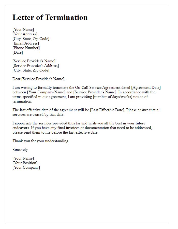 Letter template of termination of on-call service agreement