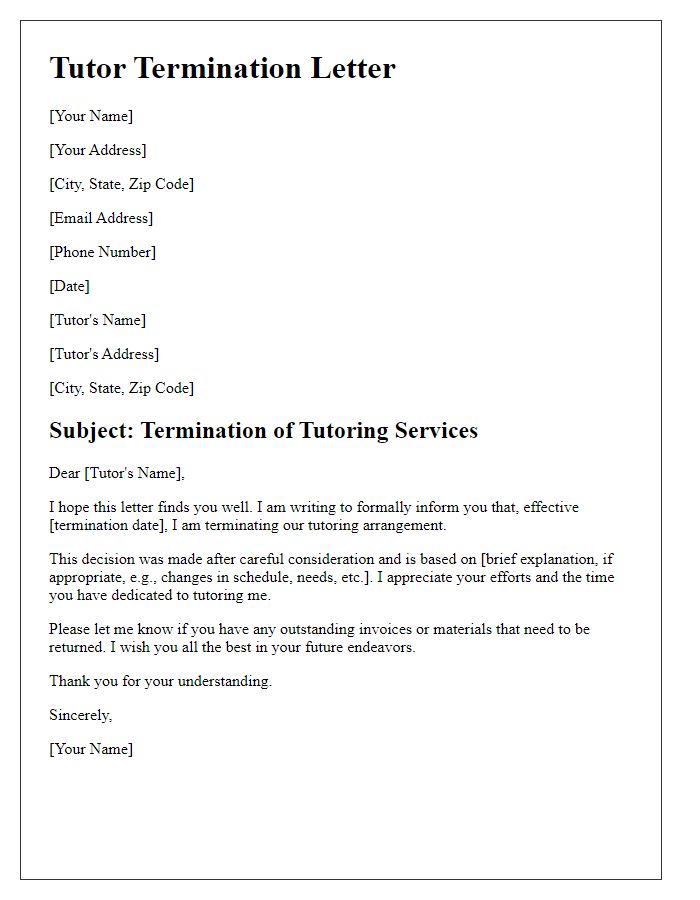 Letter template of formal tutor termination letter