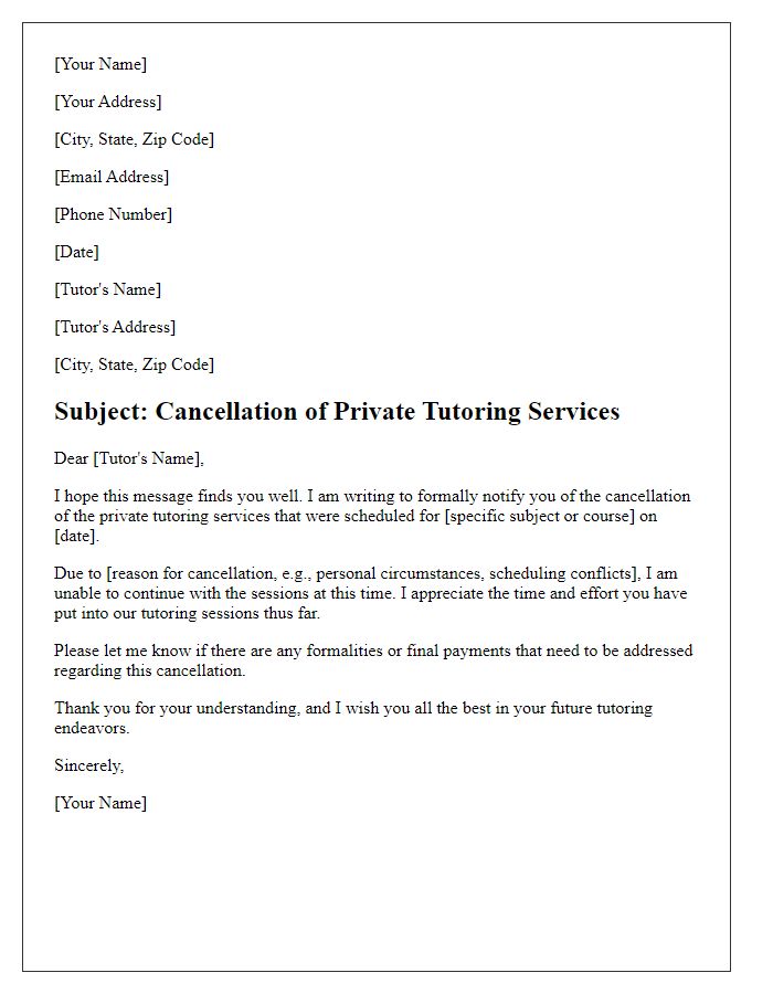 Letter template of private tutoring services cancellation