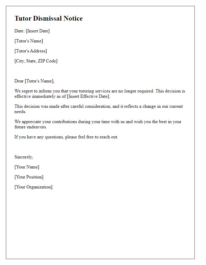 Letter template of tutor dismissal notice