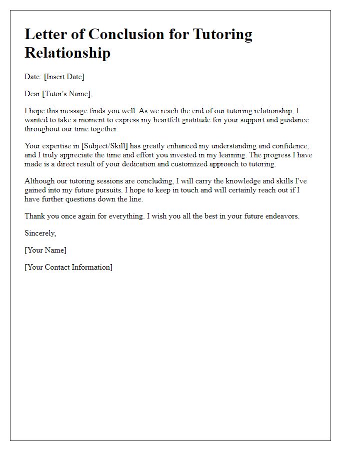 Letter template of tutoring relationship conclusion