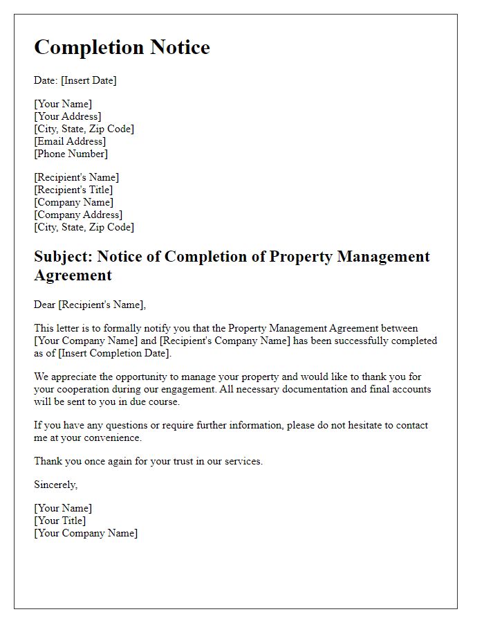 Letter template of completion notice for property management agreement.