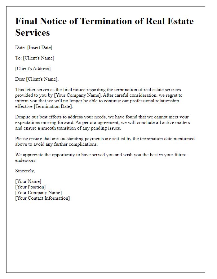 Letter template of final notice for real estate service termination.