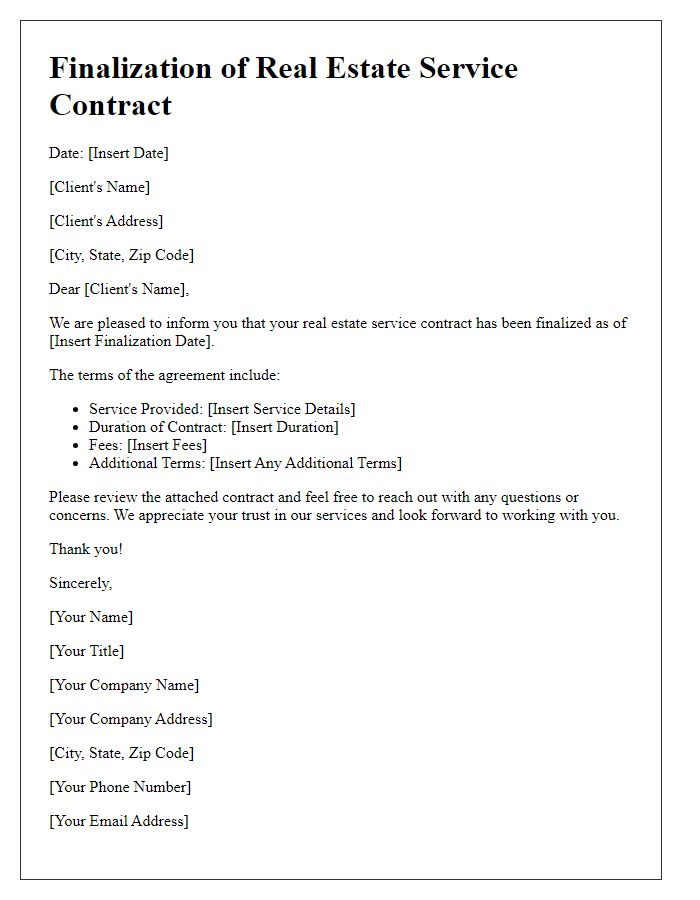 Letter template of finalization of real estate service contract.