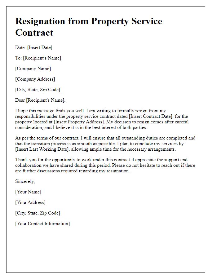 Letter template of property service contract resignation.