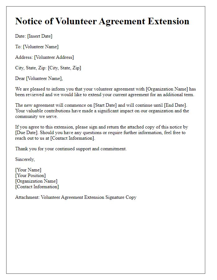 Letter template of notice for volunteer agreement extension