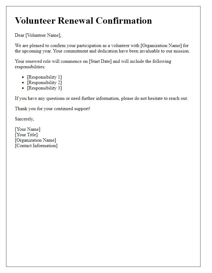 Letter template of renewal confirmation for volunteer participation