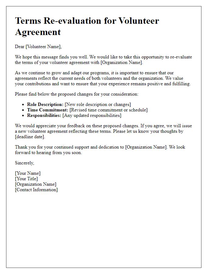 Letter template of terms re-evaluation for volunteer agreement