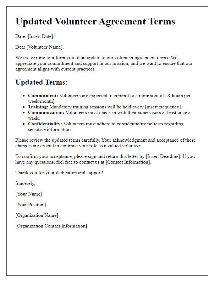 Letter template of updated volunteer agreement terms