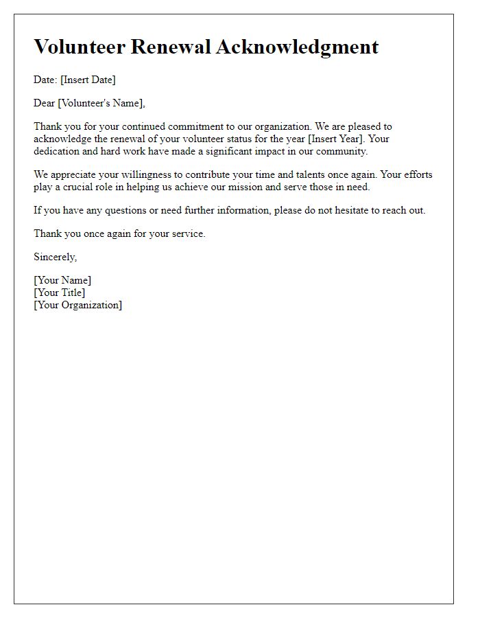 Letter template of volunteer renewal acknowledgment