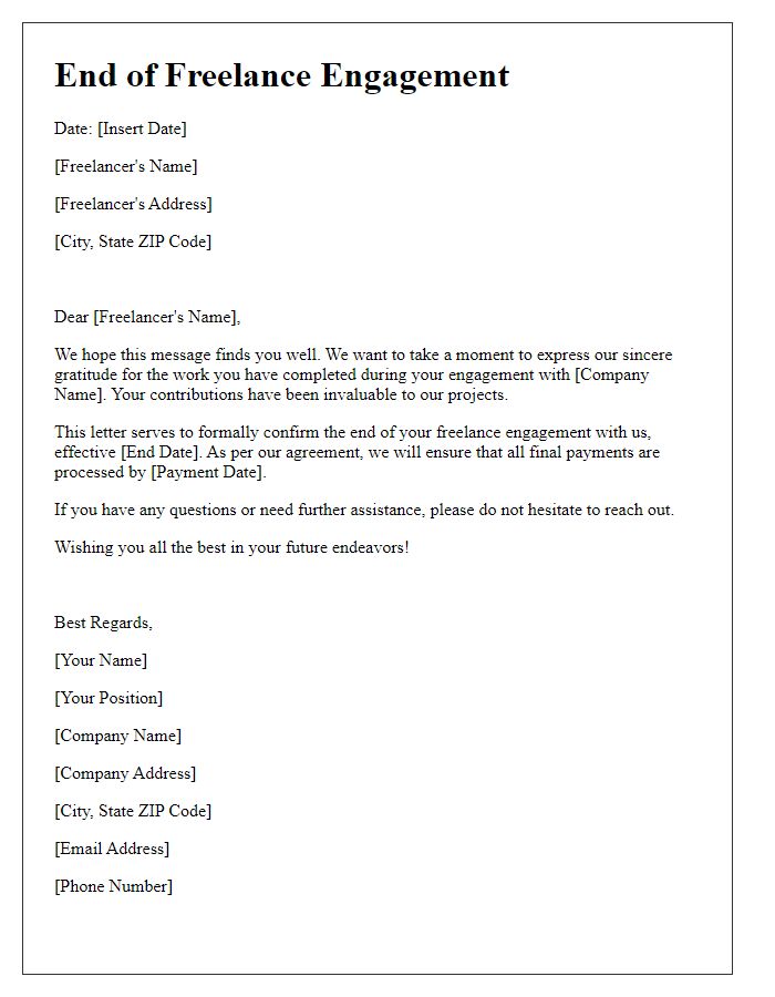 Letter template of freelance engagement end