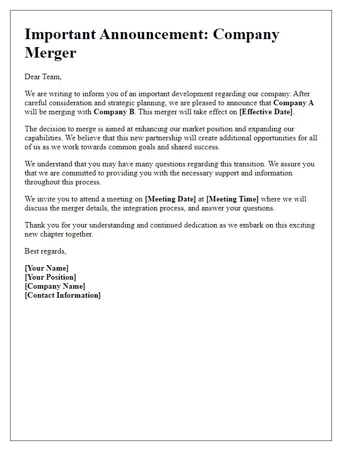 Letter template of company merger notification to employees.