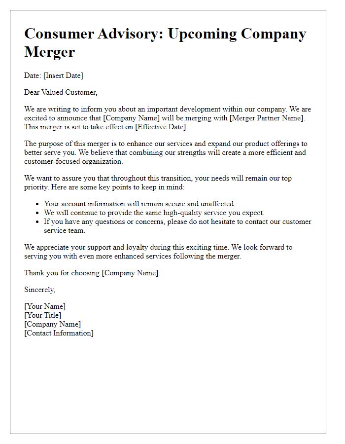 Letter template of consumer advisory for upcoming company merger.