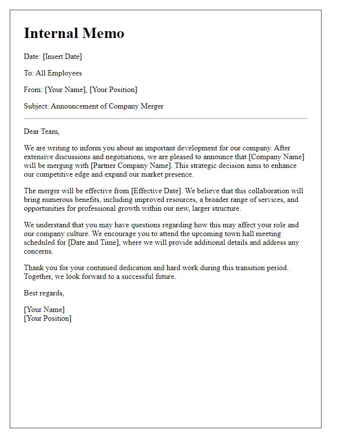 Letter template of internal memo about company merger.