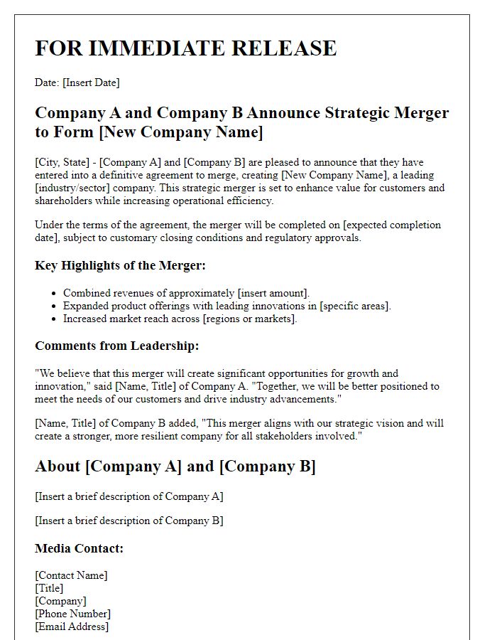 Letter template of merger details for press release.