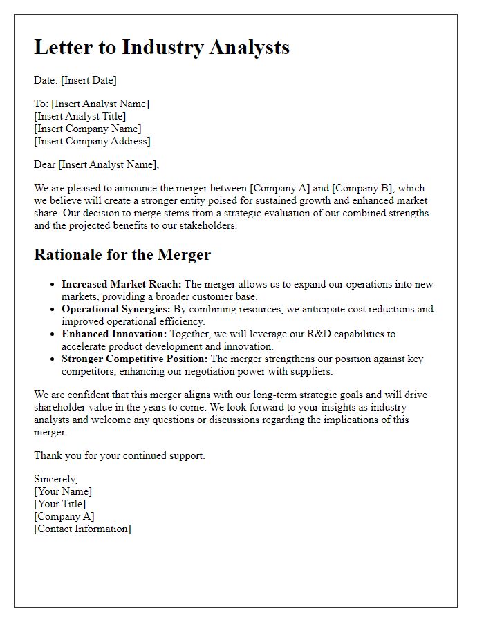 Letter template of merger rationale for industry analysts.