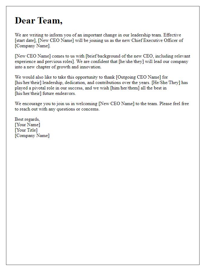 Letter template of CEO change announcement