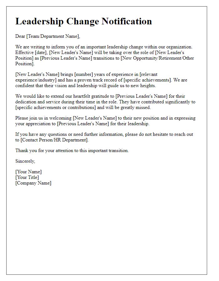 Letter template of leadership change notification